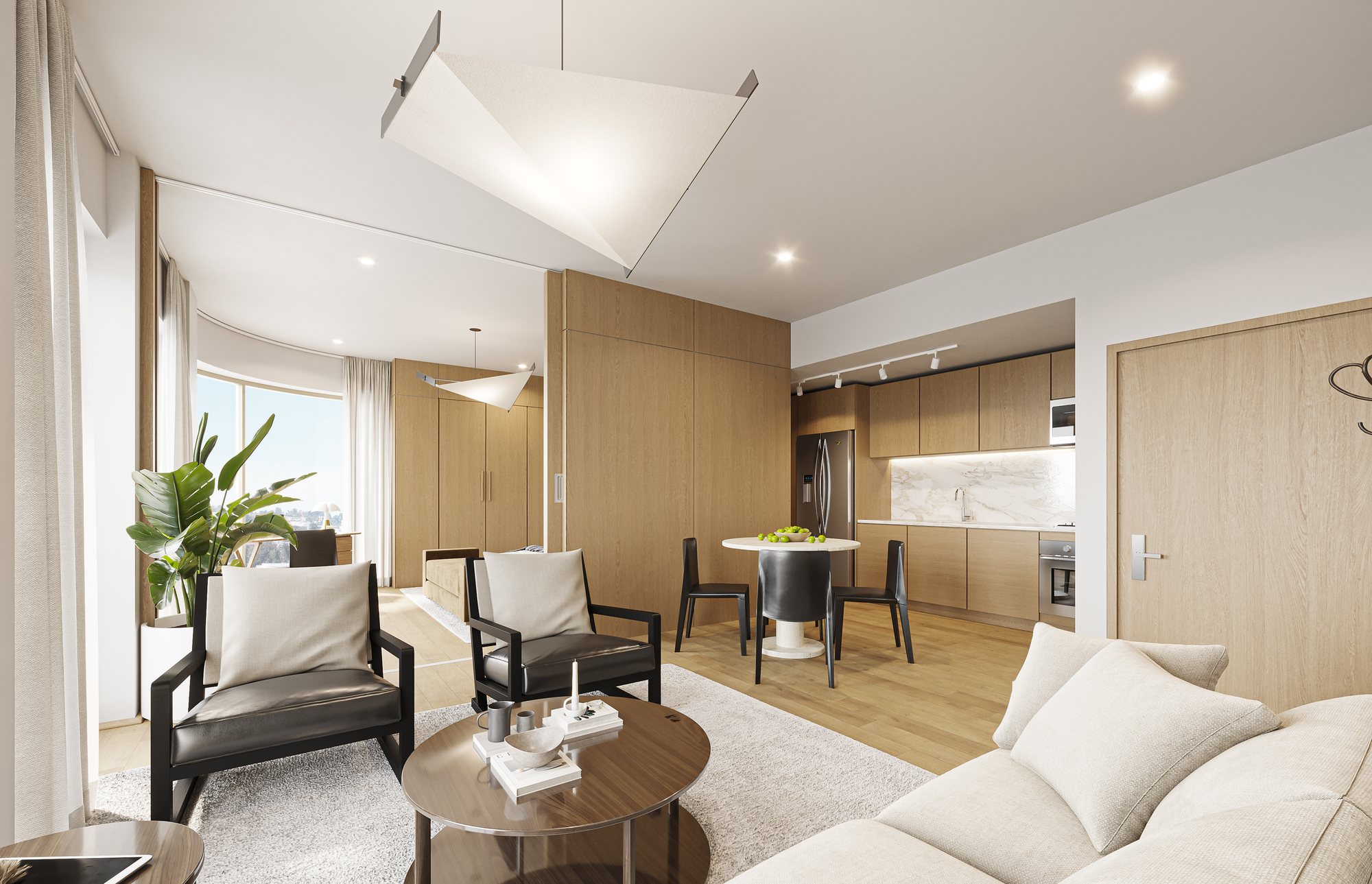 Estancia y cocina de una residencia de Concord, con vista a Tijuana — render Faury Studio