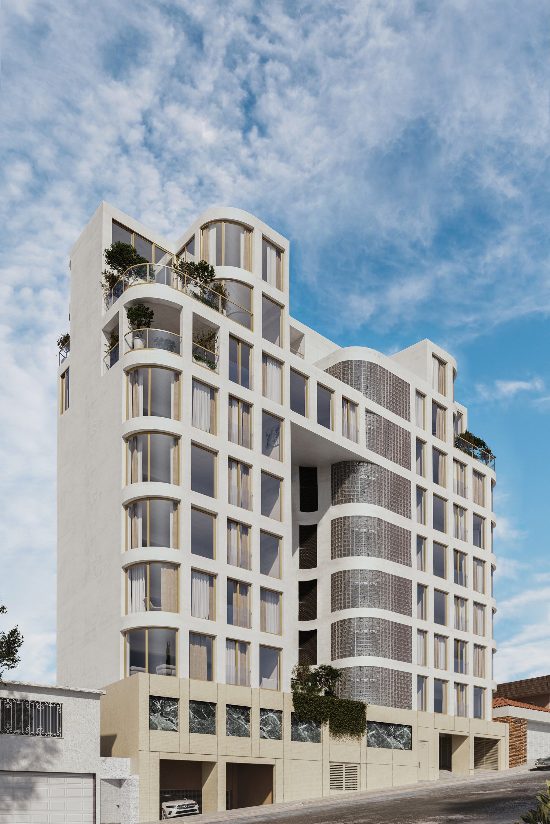 Fachada de Concord de día sobre la calle General Ferreira, en lo alto de La Cacho, Tijuana — render