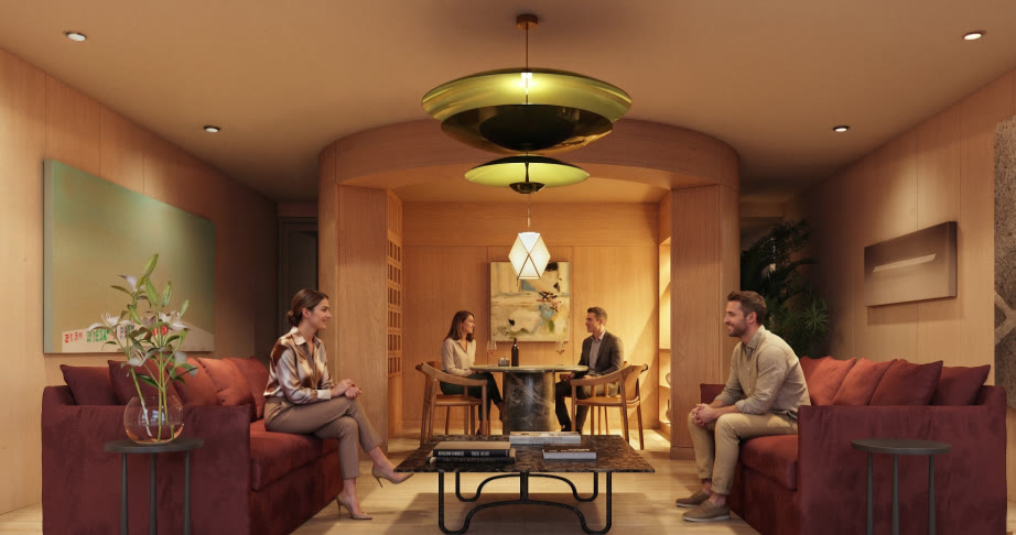 Game room de Concord — salón de reunión con personas, render Faury Studio