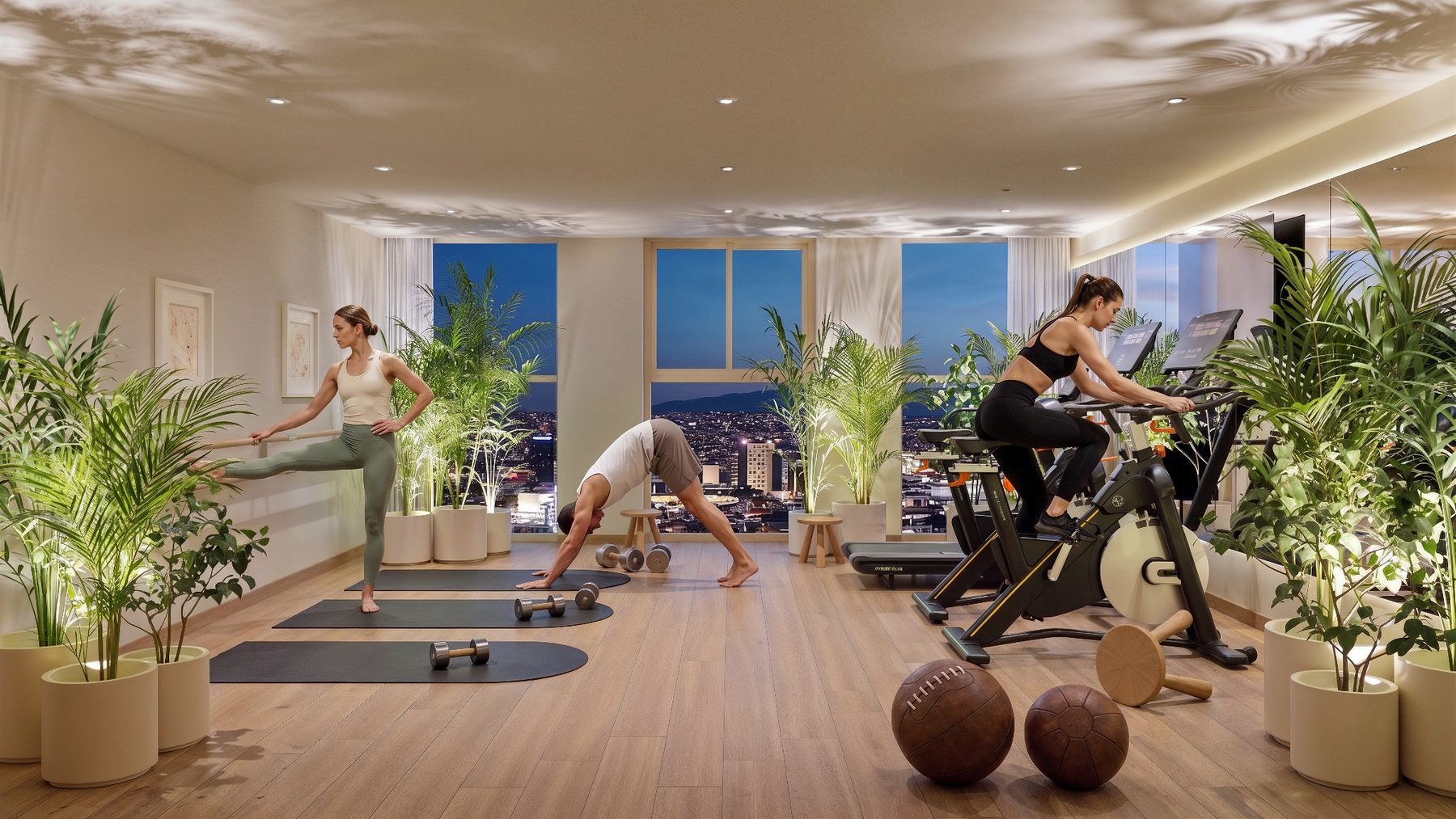 Gimnasio de Concord — entrenamiento con vista a la ciudad en hora azul, render Faury Studio