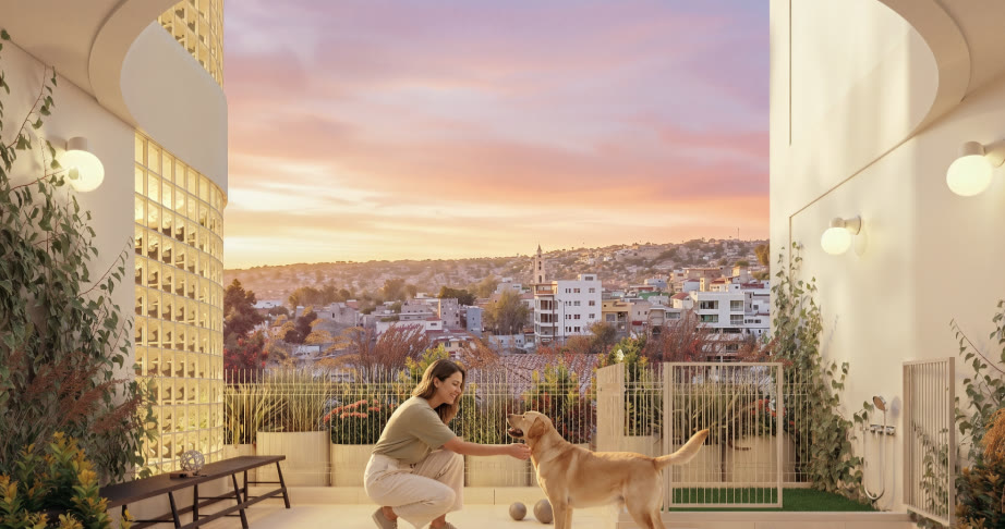 Pet zone de Concord — terraza para mascotas con vista a Tijuana al atardecer, render Faury Studio