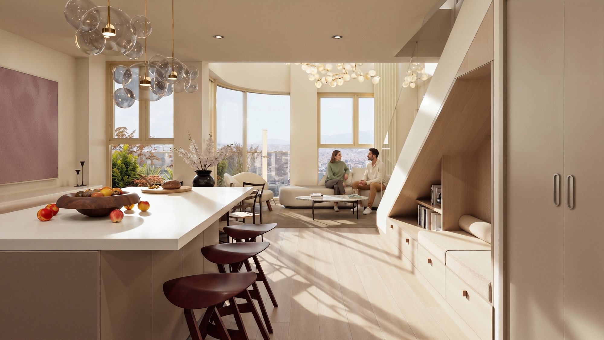 Penthouse de Concord — acceso y estancia de doble altura con vista a la ciudad, render Faury Studio