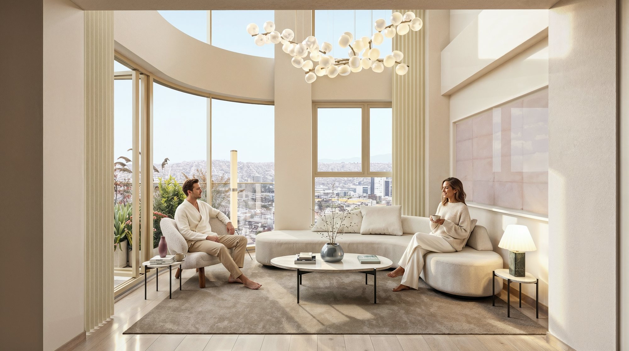 Estancia de doble altura del Penthouse de Concord, con vista a Tijuana — render Faury Studio