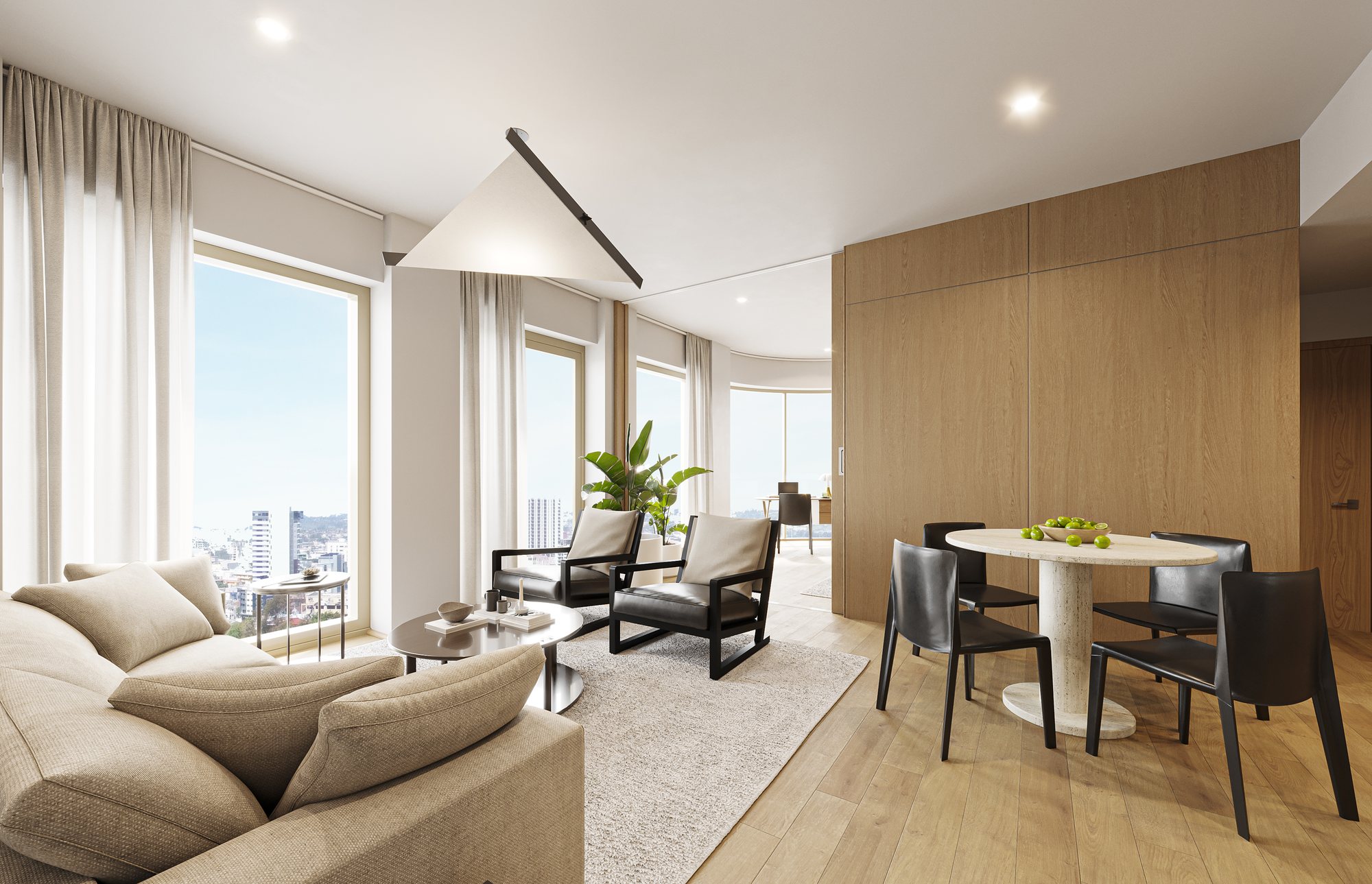 Estancia de una residencia de una recámara en Concord, con vista a Tijuana — render Faury Studio