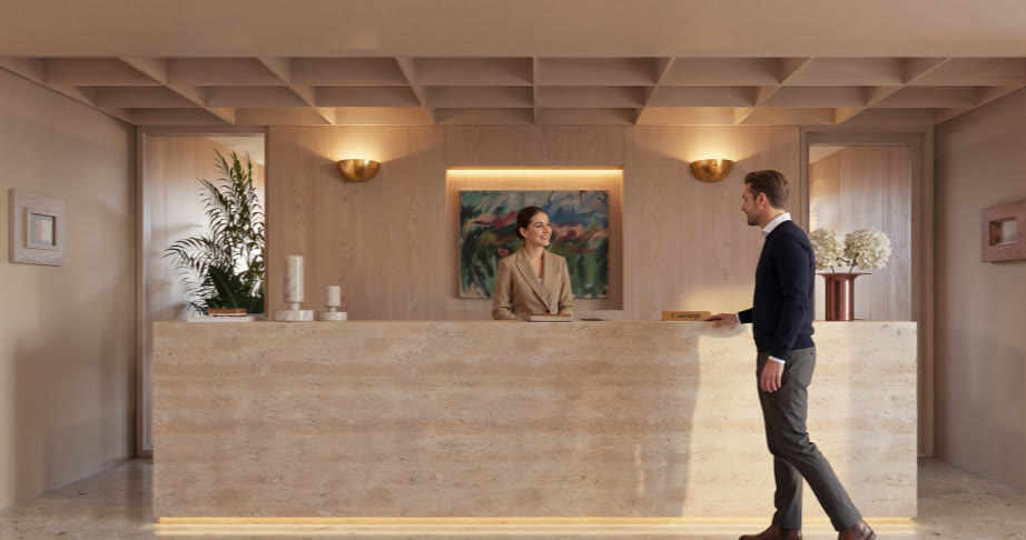 Sky Lobby de Concord — el lobby del nivel ocho, concierge recibiendo, render Faury Studio